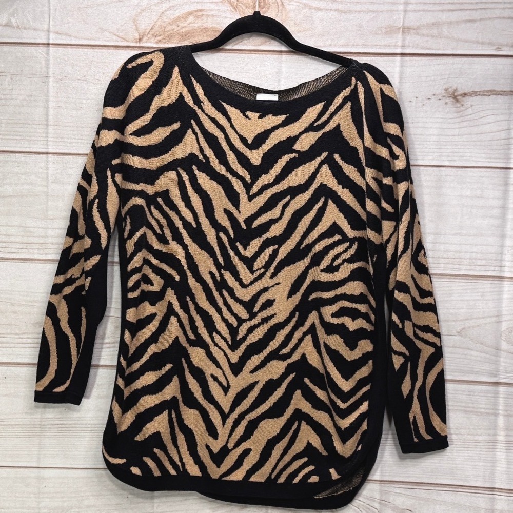 Cabi Zebra Print Sweater Womens Small Tan Black Animal Print Knit Top 3884